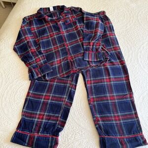 Liz Claiborne Cotton Flannel Pajama Set Plaid Button Front Womens Large Blue